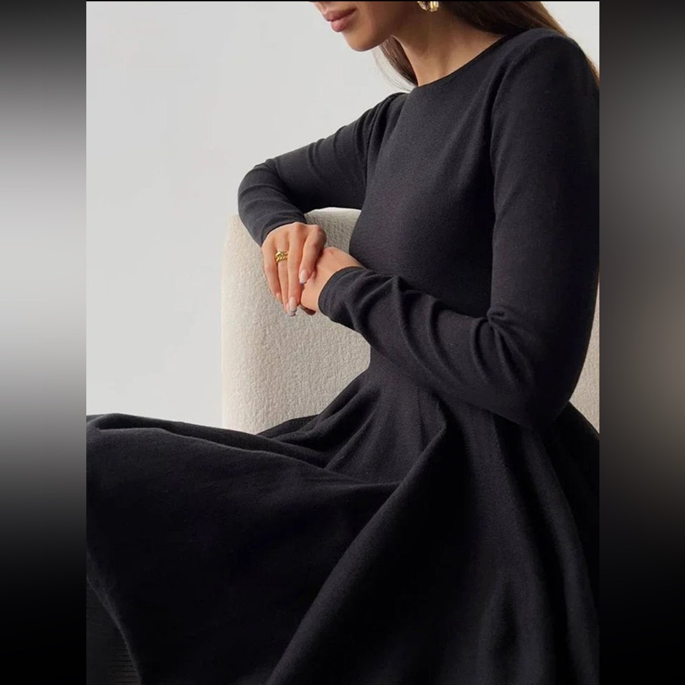 Black Long Sleeve Light Knit Sweater Mini Puff Skirt Dress